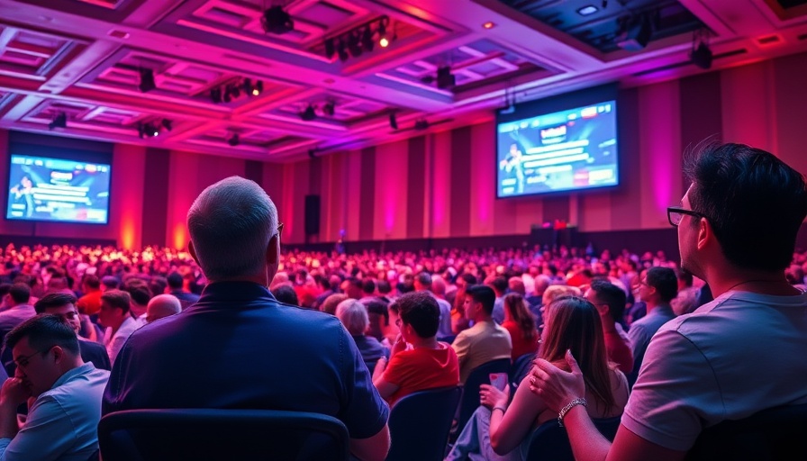 Conference audience captivated by presentation, vibrant stage.