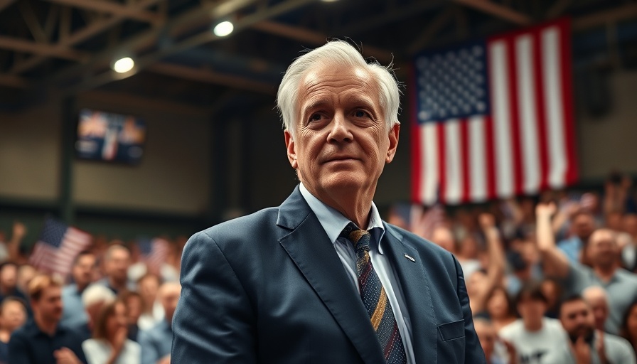 Confident man in suit at crowded event with American flag.