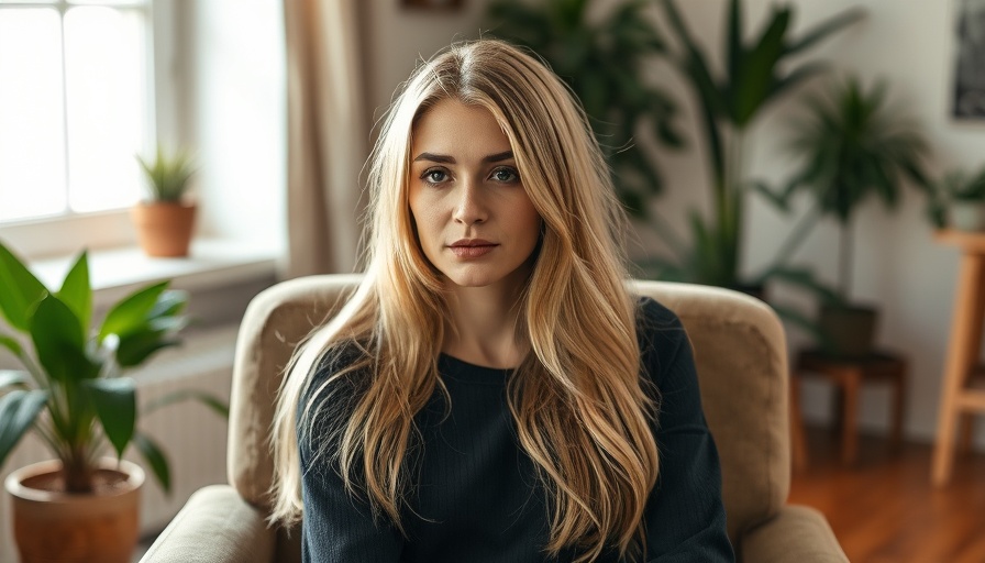 Blonde woman seated indoors, calming environment, natural light.