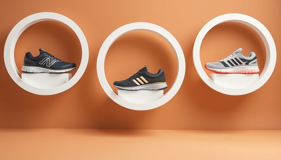 Minimalist display of running shoes in circular frames, Oura Ring style.