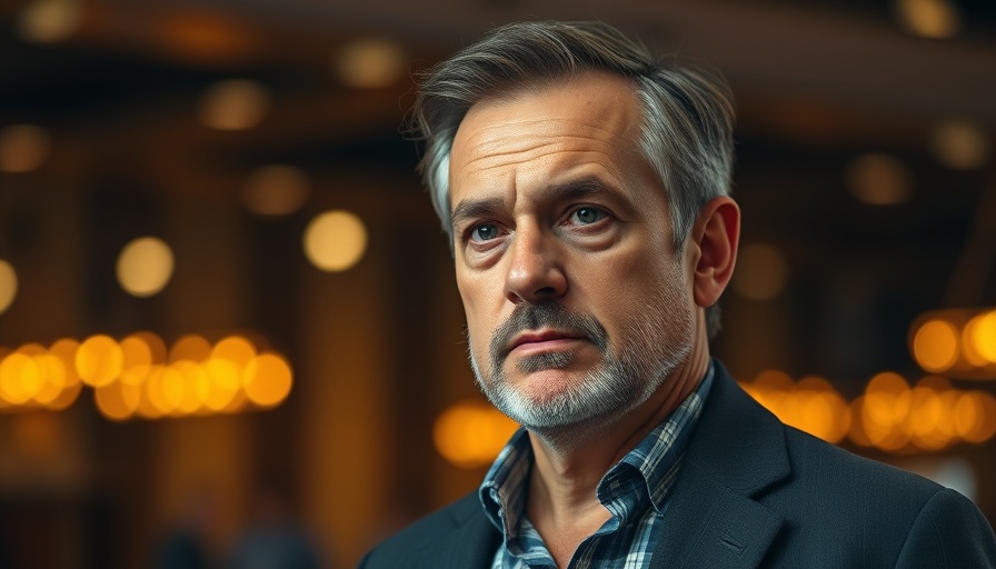Man with serious expression at a conference, bokeh lights.