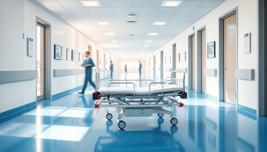Bright hospital corridor with gurney, healthcare staffing ambiance.