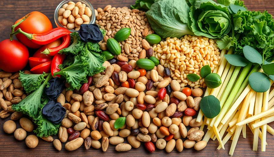 Colorful plant-based foods on a wooden table, plant-based lifestyle.