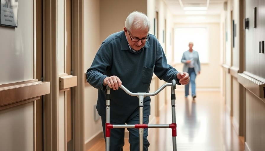 Nursing home staffing: caregiver assisting elderly man with walker.