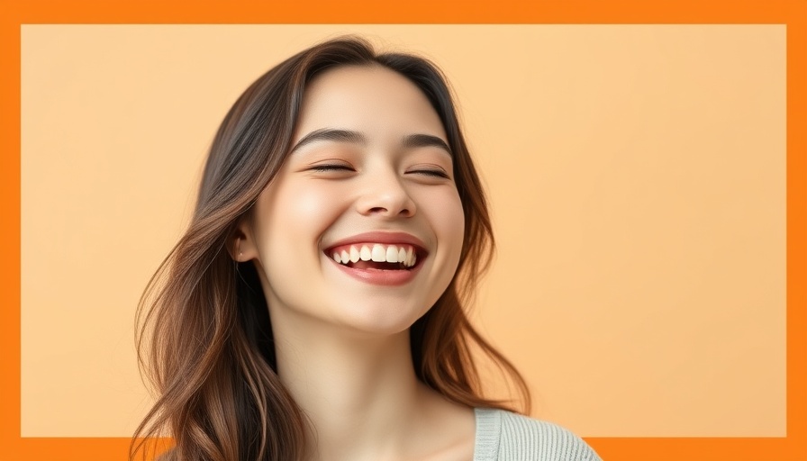 Joyful young woman smiling; trending health happiness.