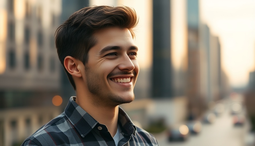 Young man outdoors with a cityscape background.