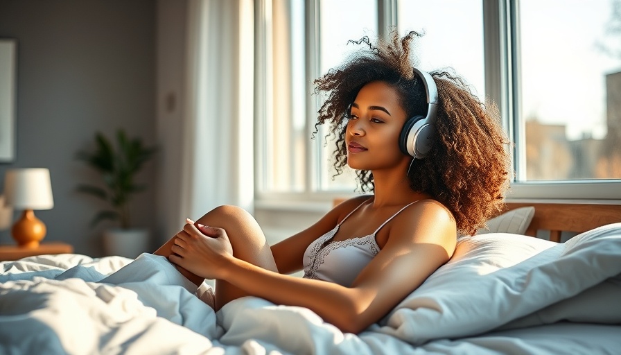 Woman relaxing on bed with headphones in cozy room, Dame Fin vibrator.