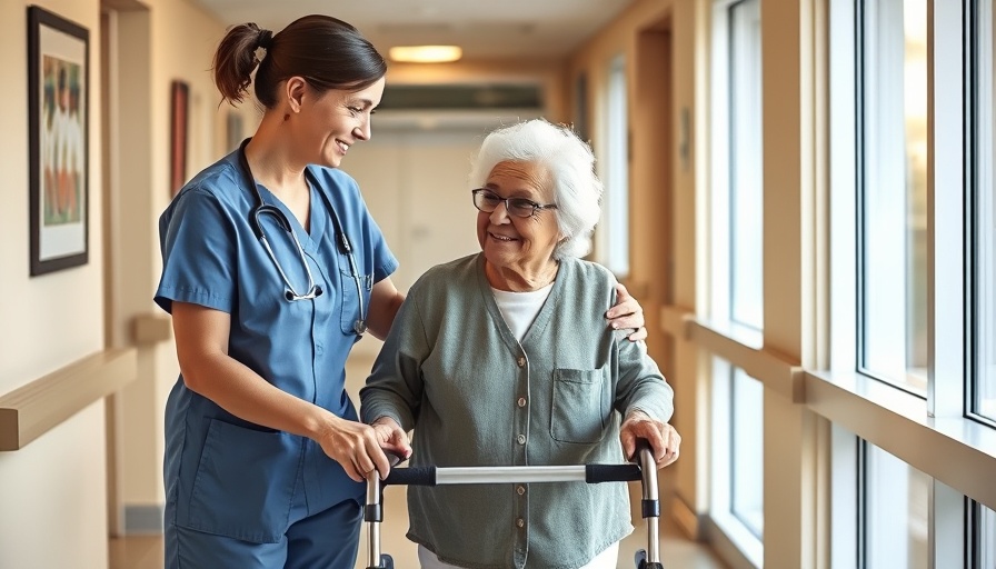 Nurse assisting elderly woman in nursing home hallway.