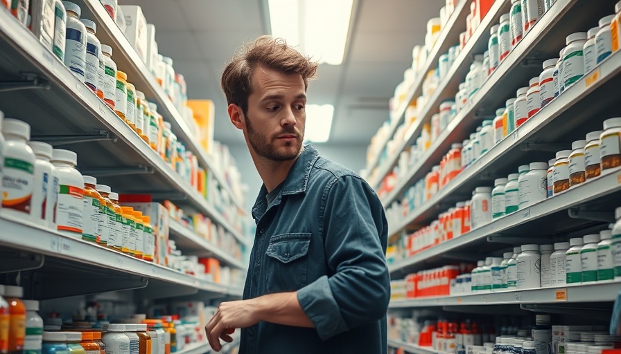 Pharmacy shelves with medication, man checking inventory.