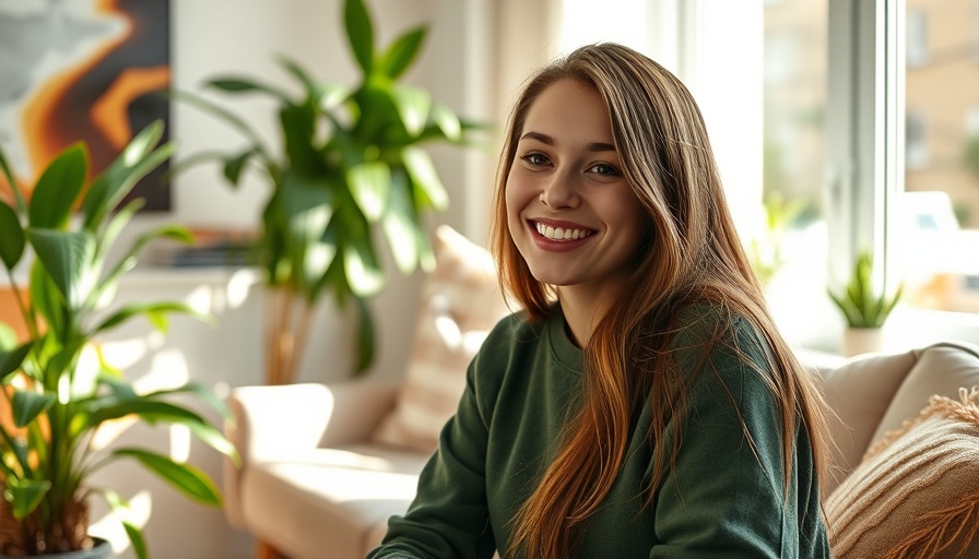 Warm living room with smiling woman discussing red light therapy.