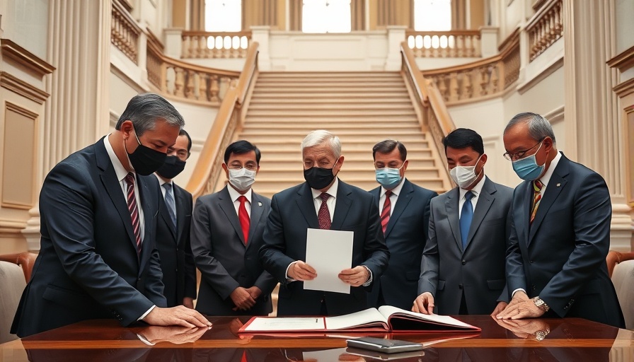 Officials wearing masks signing documents amid Medicaid processing delays.