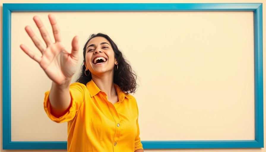 Joyful woman smiling in yellow shirt, weekly horoscope frame.