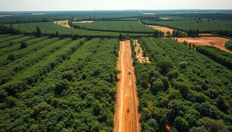 Aerial view of a drought-affected coffee plantation landscape.