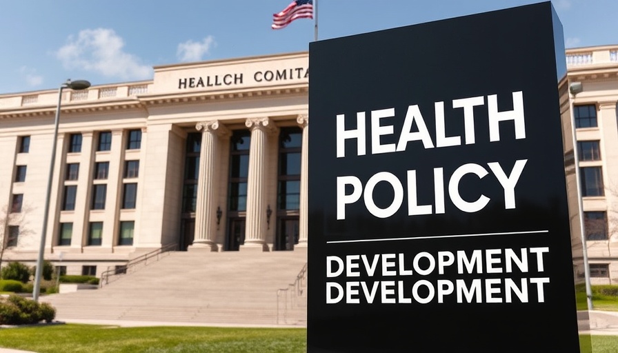Modern government building with sign, AI healthcare theme.