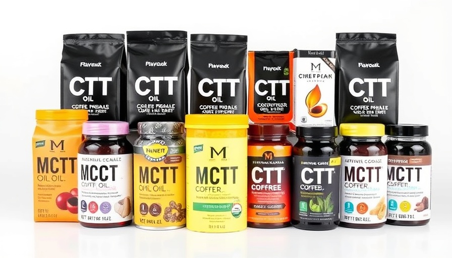 Lineup of colorful MCT oil coffee products in sleek packaging.