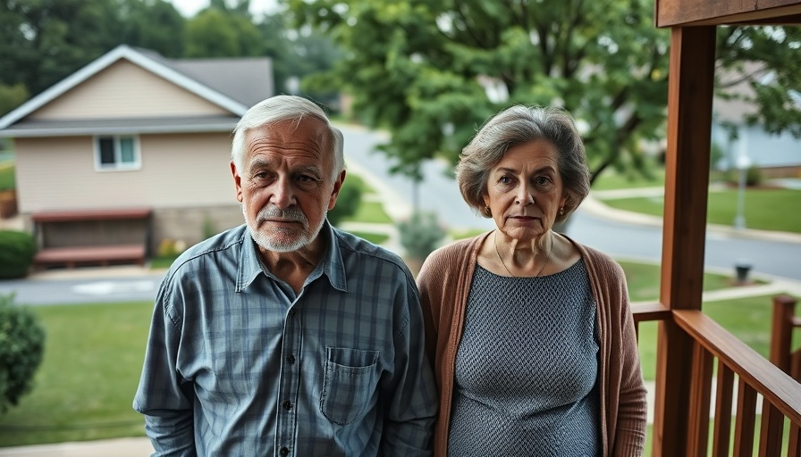 Older couple on balcony, thoughtful, suburban setting reflecting healthcare monopoly challenges.