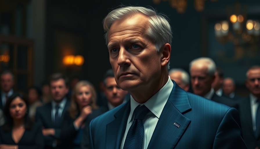 Mature man in blue suit discussing vaccine policy in dimly lit setting.