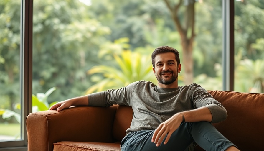 Man relaxing indoors with garden view, hair mask setting