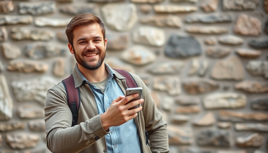 Man smiling with smartphone in front of stone wall backdrop.