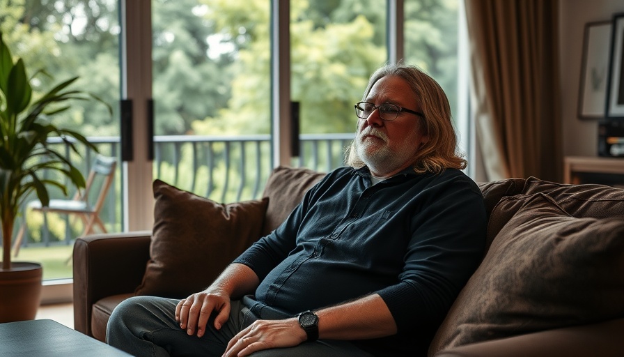 Middle-aged man sitting on couch with nature view, relaxed scene