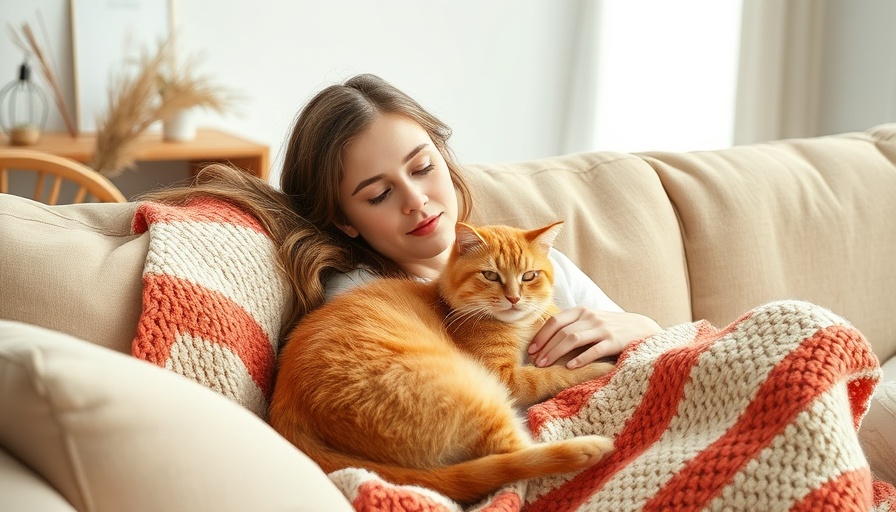 Young woman snuggling cat on a sofa with a crocheted blanket, cozy.