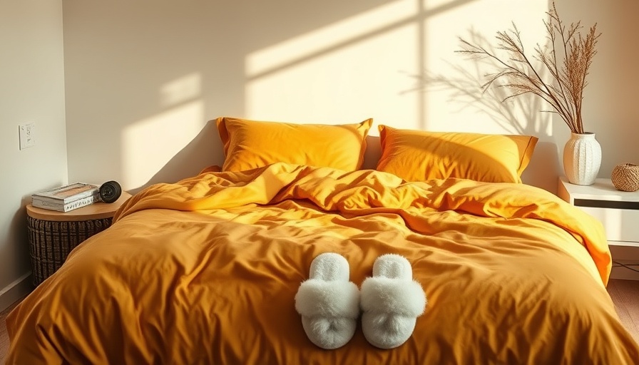 Cozy bedroom with mustard sheets and slippers, emphasizing comfort.