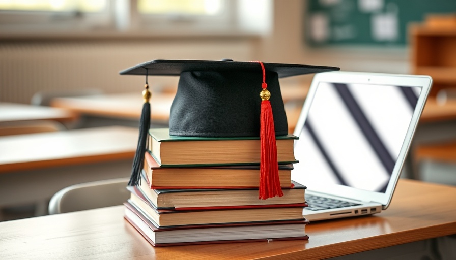 Graduation cap and books on desk with laptop in classroom, AI education.