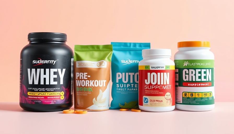 Colorful fitness supplements arrangement showcasing whey and pre-workout products.