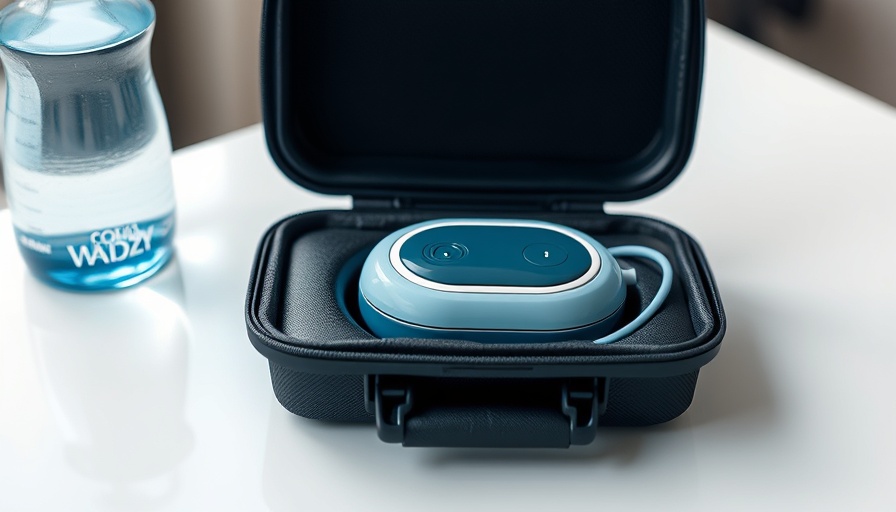Portable pain relief device in carrying case on table.