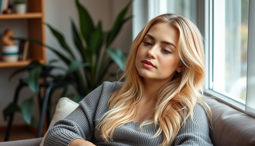 Relaxed woman in cozy home setting with natural light.
