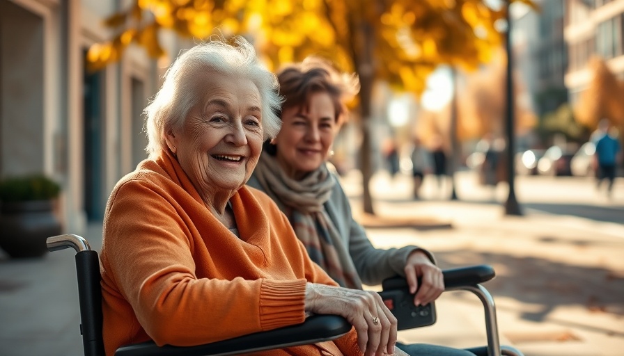 Senior resources: elderly woman and caregiver on a sunny street.