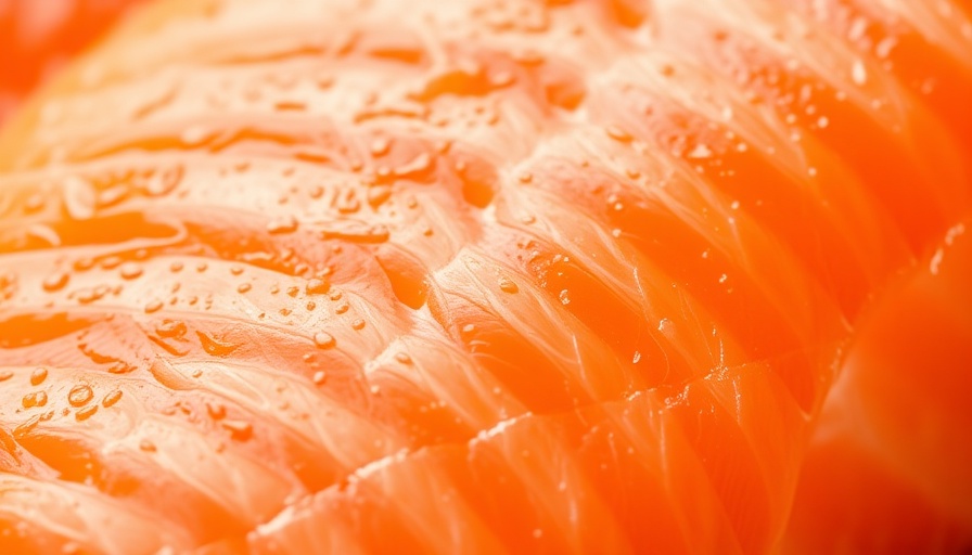 Close-up view of salmon flesh texture highlighting marbling.