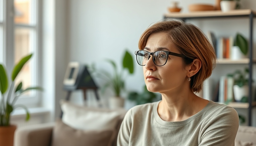 Thoughtful woman discussing late-night eating consequences in modern living room.