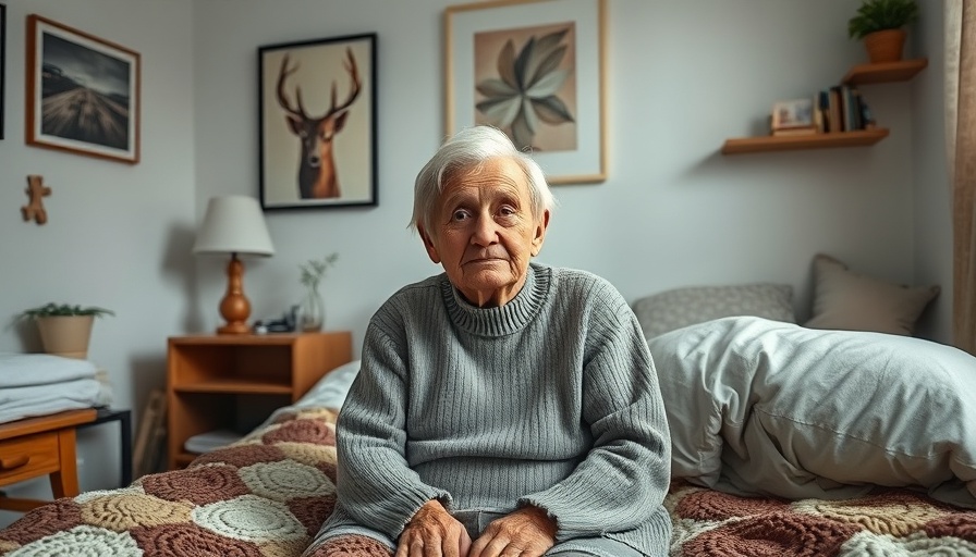 Superager in a cozy bedroom with art and books.