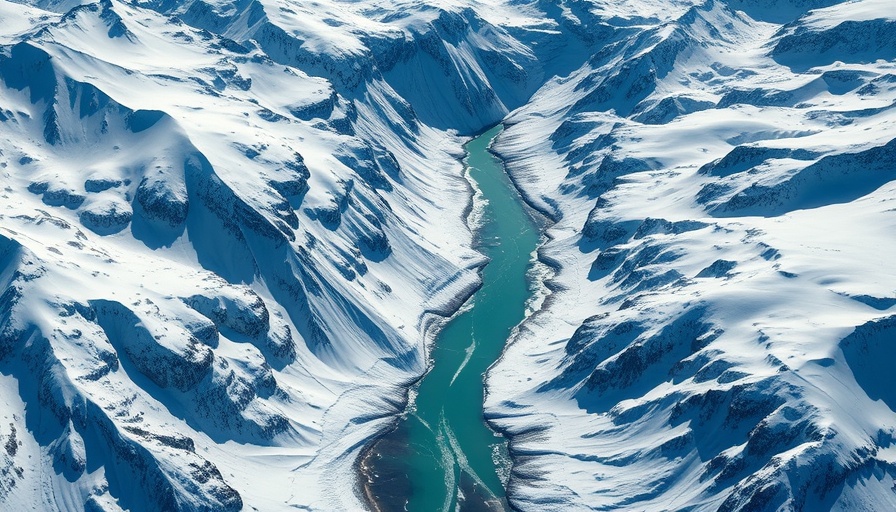 Aerial view of glacial flooding with snow-covered mountains