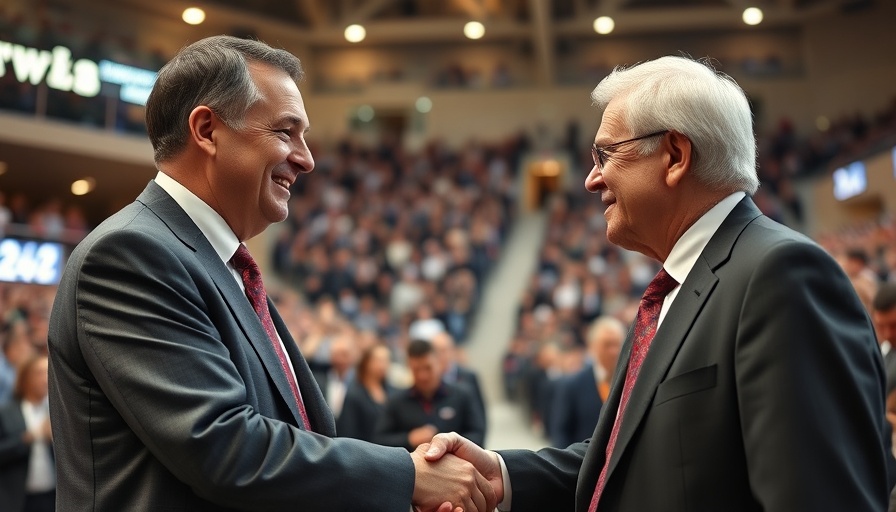Older men shaking hands at a public event.