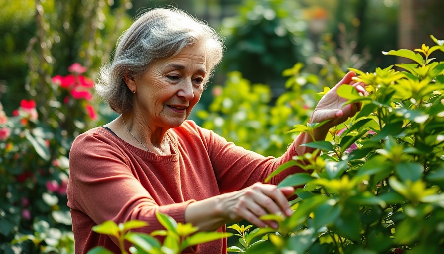 Middle-aged woman gardening, nurturing plants, soft light.