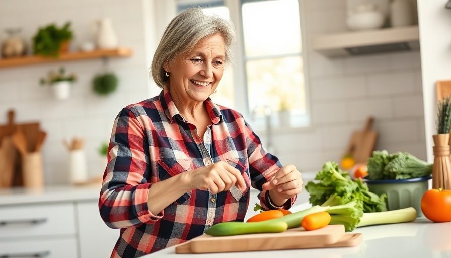 Mature woman preparing healthy meal in modern kitchen for Portfolio Diet.