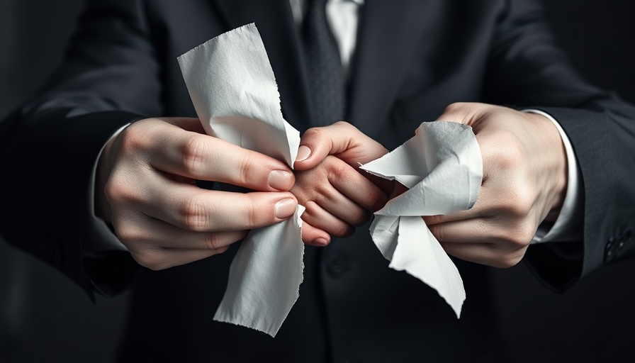 Graphic of torn agreement in front of political figure, health policy theme.