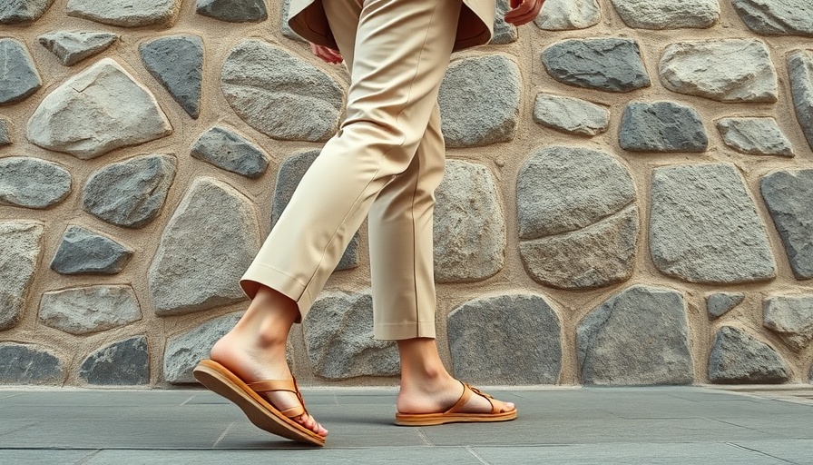 Cropped view of person in beige pants and sandals against stone wall.