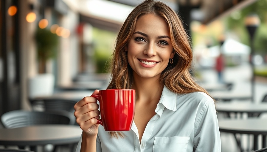 Woman enjoying herbal relaxation outdoors with a red mug.