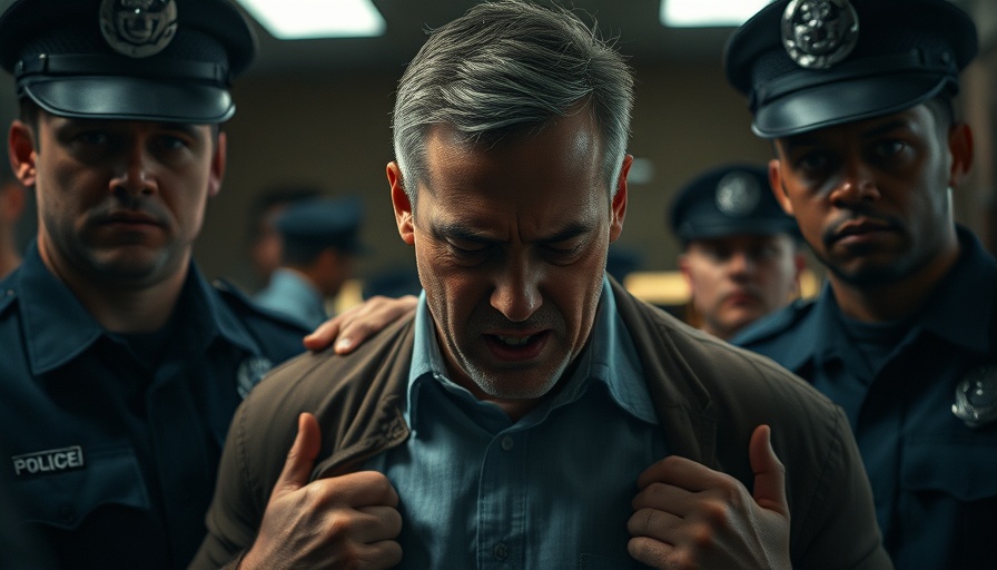 Tense man in confrontation with officers, showing anger; Healthcare Rage theme.