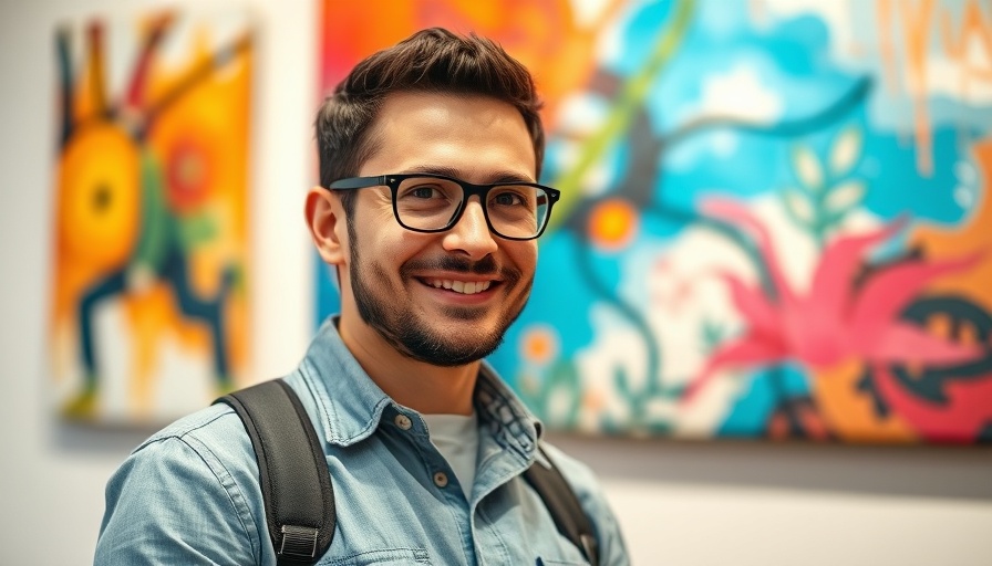 Smiling man with glasses in front of colorful painting, AI accuracy.