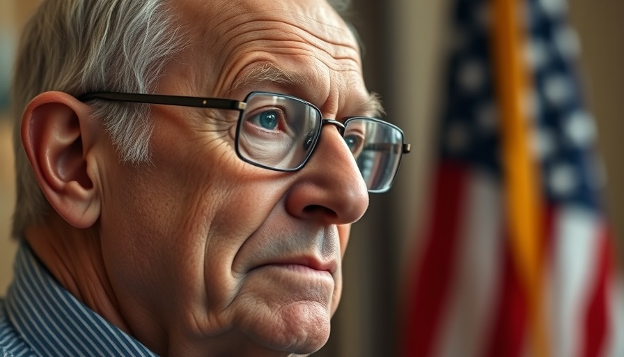 Thoughtful older man with glasses, blurred flag background, soft lighting.