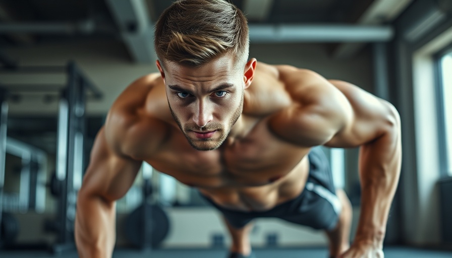 Fit man focused on push-up in gym promoting Protein Sparing Modified Fast.