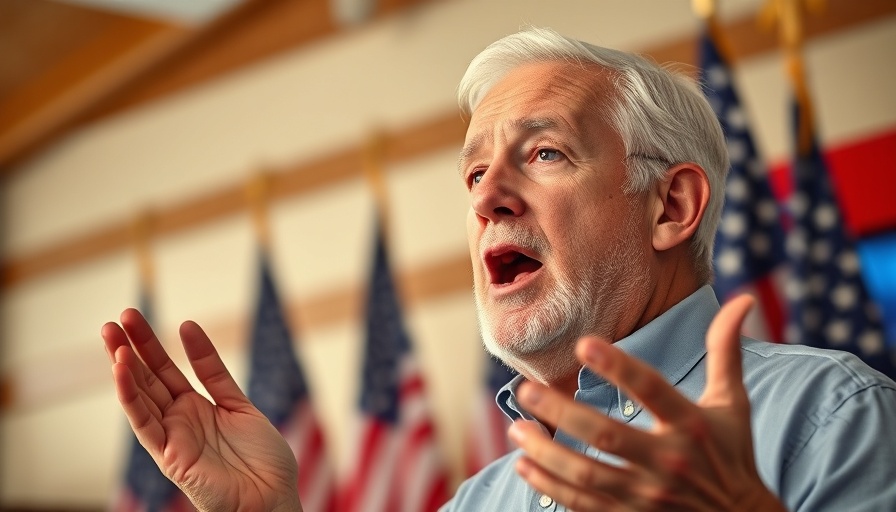 Elderly man speaking passionately with American flags behind.