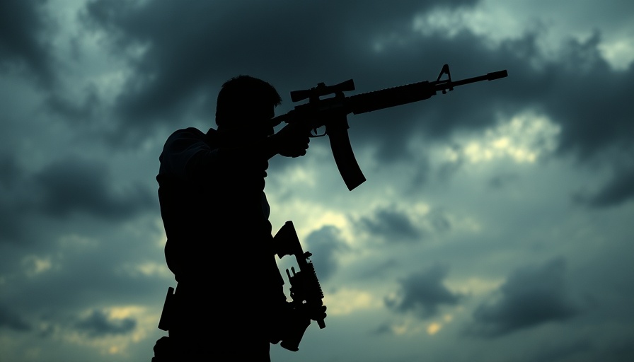 Silhouette of figure with rifle symbolizing national security vigilance.