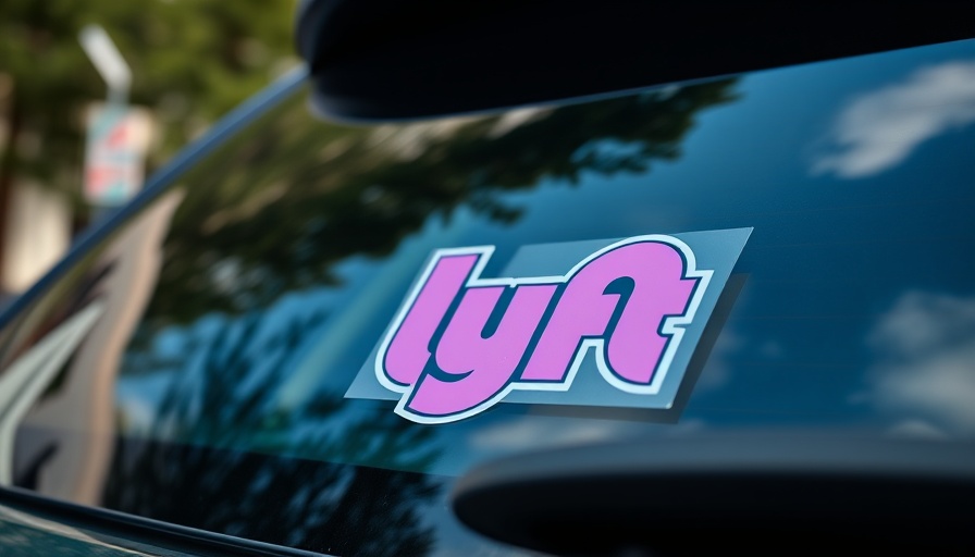 Car with Lyft sticker in urban setting reflecting trees.