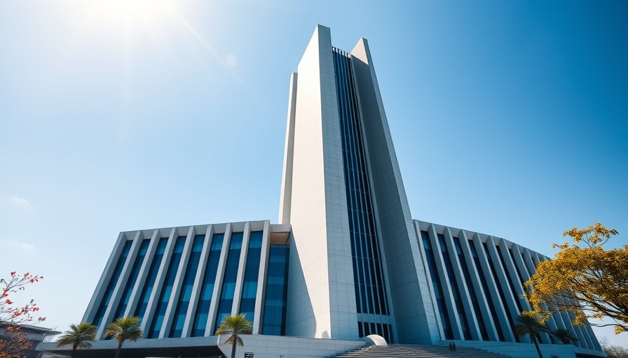 Modern building representing healthcare cybersecurity under clear sky.