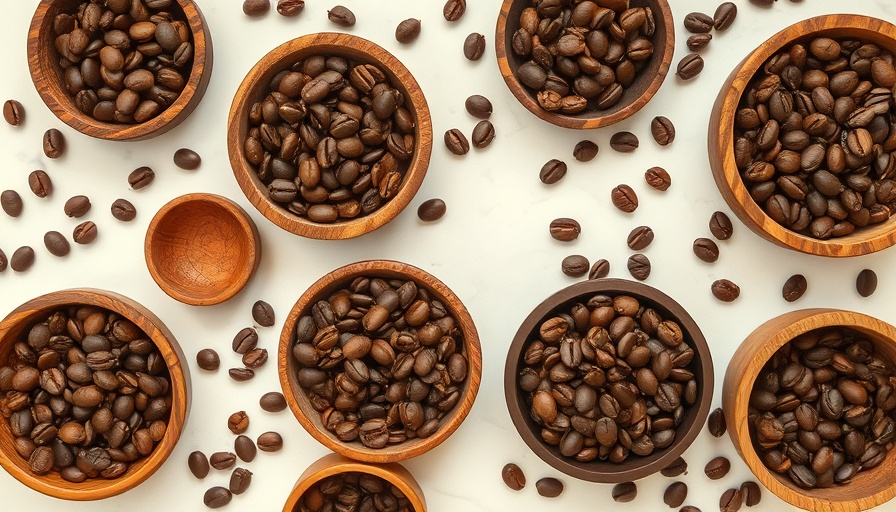Coffee storage bowls filled with coffee beans on marble surface.